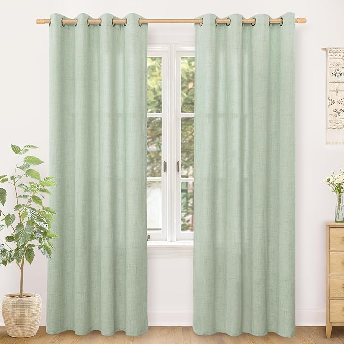 YoungsTex Sage Green Linen Curtains 80 Inches Long for Living Room, Bronze Grommet Textured Semi Sheer Drapes Privacy Light Filtering Window Treatments for Bedroom Dining, 52 x 80 Inch, 2 Panels