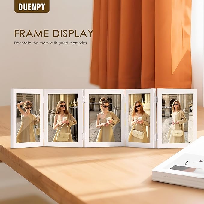 5 Folding 5x7 Picture Frame Horizontal Engineered Wood Accordion Photo Frame with Plexiglass Tabletop Bookshelf Display White