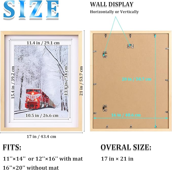 Egofine 16x20 Poster Frame Set of 2 Solid Wood Frame with Plexiglass Matted for 11x14/12x16 for Wall Mounting Hanging Picture Frame Vertically or Horizontally, Natural Wood