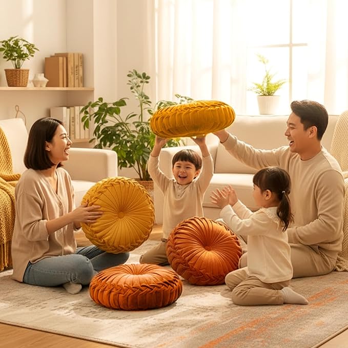 Drydiet 4 Pcs Round Throw Velvet Pillows Decorative Pleated Throw Pillows 15'' Diameter Accent Pumpkin Boho Chair Cushion for Couch Sofa Home Decoration (Burnt Orange,Yellow)