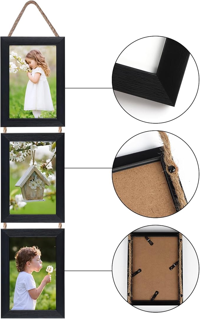 Lavezee 4x6 Collage Picture Frames Set, Black 6 Opening Hanging Vertical Frame Made to Display 4 by 6 Inch Photo Print for Wall Decor, Multiple 4x6 frames for Wedding Birthday Thanksgiving Mother's Day