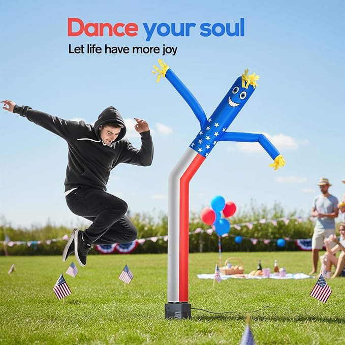 6ft American Flag Air Tube Dancer Inflatable Waving Tube Man with Lights & Built-in Blower - Wacky Waving Dancing Guy Set for Business Promotion