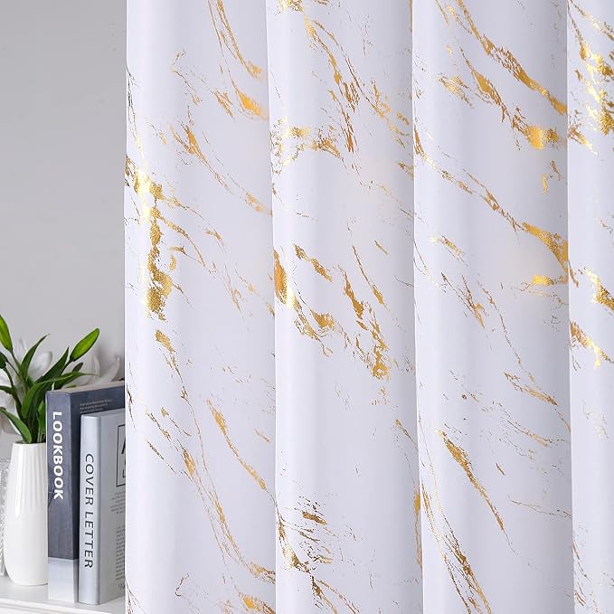 Taisier Home Gold Foil Print Linen Textured Curtains - Geometric Marble Pattern Design for Living Room - Light Filtering Window Treatment, 2 Panels, 84" L, White and Gold