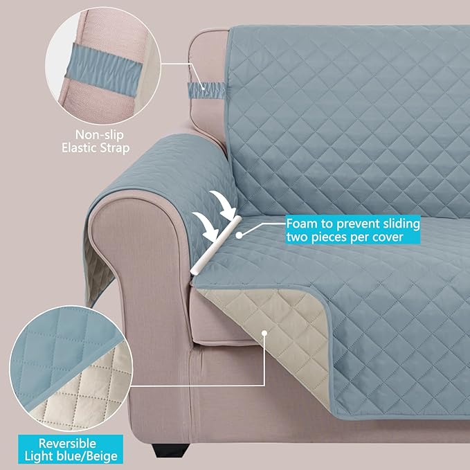 U-NICE HOME Loveseat Sofa Cover Reversible Couch Cover for Dogs Pets with Elastic Straps Water Resistant Furniture Protector for 2 Cushion Couch (Loveseat, Light Blue/Beige)