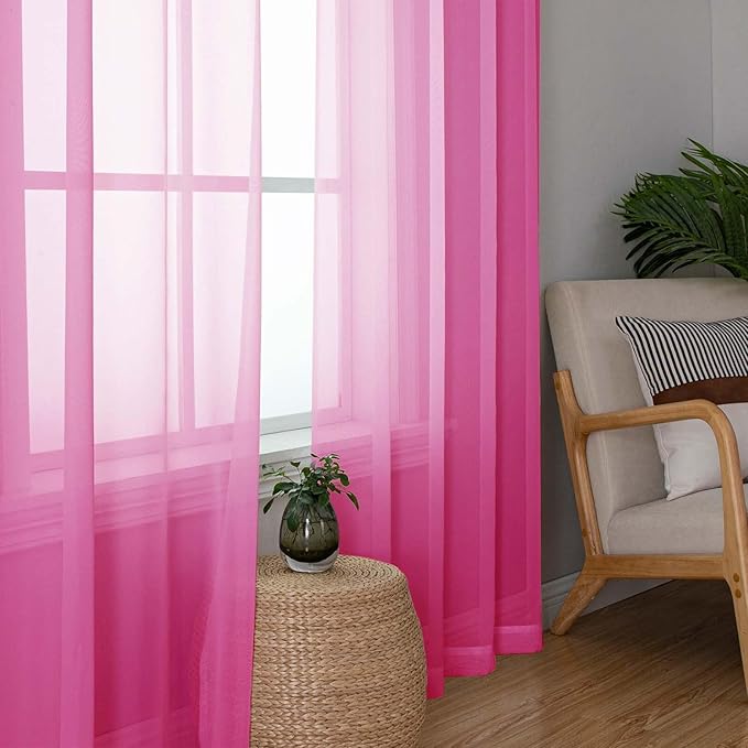 Lecloud Hot Pink Sheer Curtains 96 Inches Long 2 Panels, Rod Pockets Solid Voile Living Room Curtains for Bedroom Dining Room, Light Filtering Airy Vintage Farmhouse Drapes, Each Panel 42" W x 96" L
