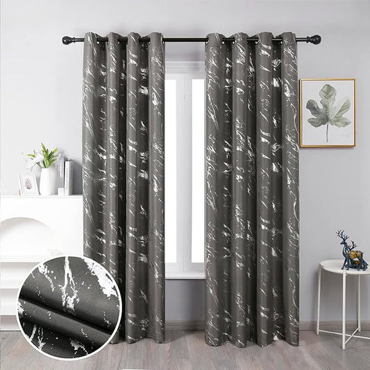 Taisier Home Silver Foil Print Linen Textured Curtains Geometric Marble Pattern Design Curtains for Nursery Light Filtering Window Treatment 2 Panels 63" L,Dark Grey and Silver Print