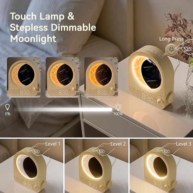 blonbar Sunrise Alarm Clocks for Bedrooms, Stepless Dimmable Moon Lamp Dual Alarm Clock with 12Levels Volume for Heavy Sleepers, 10 Natural Sounds with 30/60/90mins Timer, Gifts for Women - Image 6