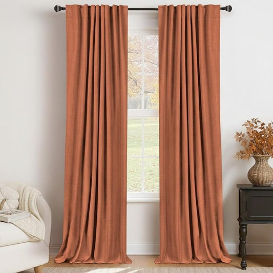 100% Blackout Shield Linen Blackout Curtains for Bedroom 108 Inches Long, Back Tab/Rod Pocket Living Room Drapes, Thermal Insulated Blackout Curtains 2 Panels Set, 50" W x 108" L, Burnt Orange
