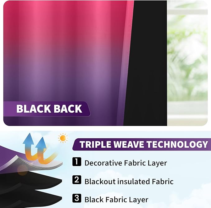 COSVIYA 100% Blackout Purple and Pink Adjustable Tie Up Curtains for Kitchen Thermal Insulated Room Darkening Valance Rod Pocket Balloon Roman Shade for Small Window,48" L x 34" W, 1 Panel