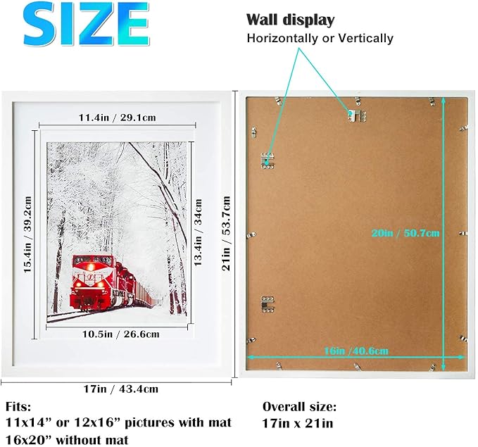 Egofine 16x20 Solid Wood Poster Frame Matted for 11x14 and 12x16 White - Acrylic Plexiglass Front for Wall Mounting Hanging Picture Frame Vertically or Horizontally, Set of 2