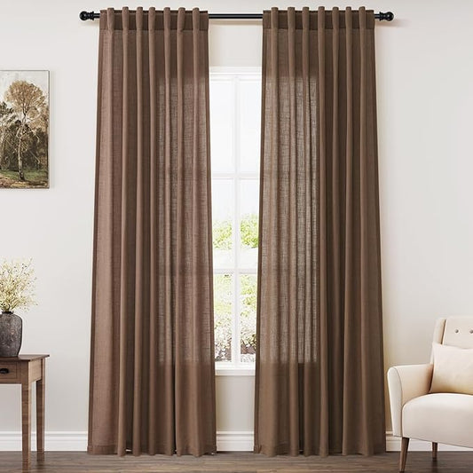 Nanspring Caramel Brown Curtains 80 Inches Long 2 Panels Set for Bedroom Back Tab Rod Pocket Semi Sheer Light Filtering Privacy Drapes Linen Blend Textured Farmhouse Living Room Curtain 52X80