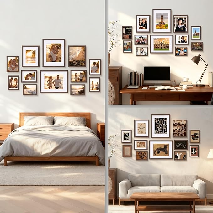 Egofine Picture Frame Set 12 Pack, Picture Frames Collage Wall Decor with Two 11x14, Two 8x10, Four 5x7, Four 4x6 for Wall and Tabletop, Made of Solid Wood, Covered by Plexiglass, Rustic Brown