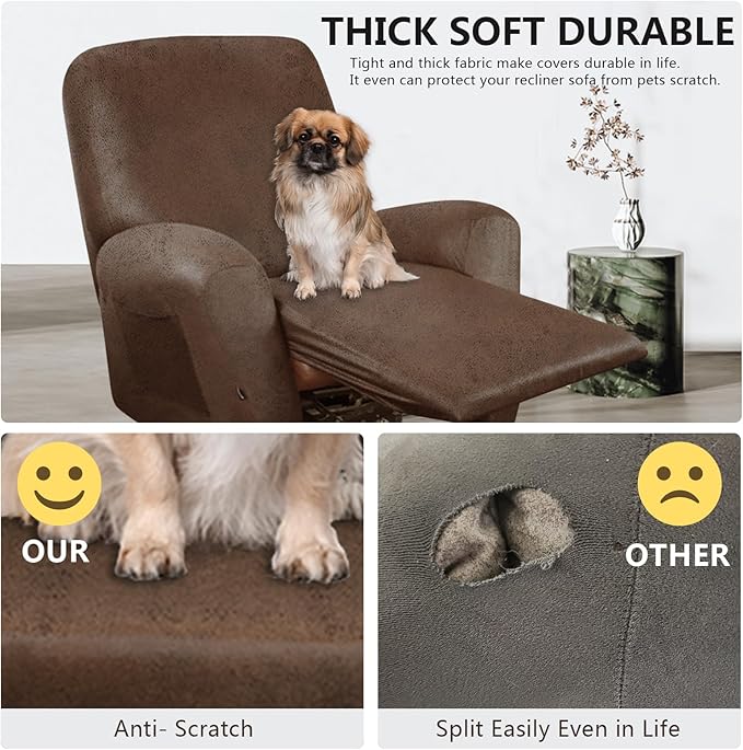 ANARACHON Leather Look Oversize Recliner Chair Covers, Thick 4 Pieces Recliner Covers for Recliner Chair, Leather Cover for Recliner Slipcovers for Pets Kids(X-Large, Brown)
