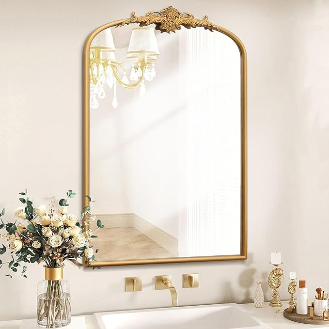 Besdomus Antique Arched Wall Mirror: 24"x36" French Large Arch Gleaming Gold Vintage Vanity Wall Mounted Mirror - Traditional Ornate Home Decor for Entryway/Fireplace/Bathroom - Idea for Homemakers