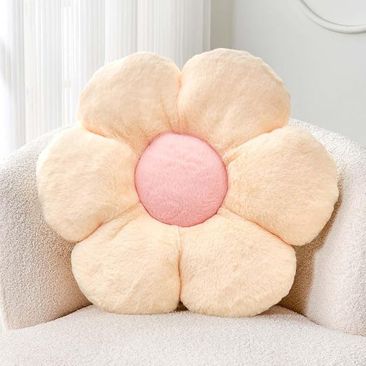 Kcvvcr Beige Flower Pillow, Cute Decorative Flower Shaped Throw Pillow with Faux Rabbit Fur, 14.9" Soft Daisy Plush Floor Cushion Aesthetic Room Decor for Bed Sofa Couch