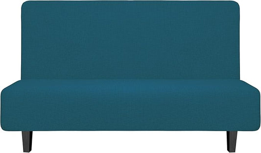 Easy-Going Stretch Futon Slipcover Armless Futon Bed Cover Furniture Protector Without Armrests with Elastic Bottom for Kids, Soft Jacquard Fabric Small Checks (Medium, Peacock Blue)