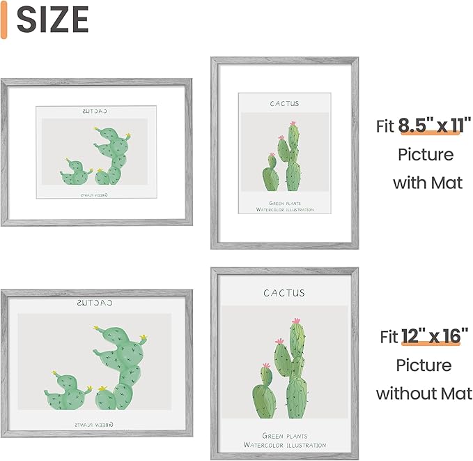 upsimples 12x16 Picture Frame, Display Pictures 8.5x11 with Mat or 12 x 16 Without, Wall Hanging Poster Frames, Gray, 1 Pack
