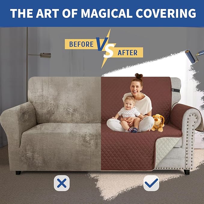 XINEAGE Quilted Sofa Cover Waterproof Couch Covers for 3 Cushion Couch, Super Soft Washable Slipcover with Pockets & Non-Slip Elastic Straps, Thick Furniture Protector (Sofa, Coffee)