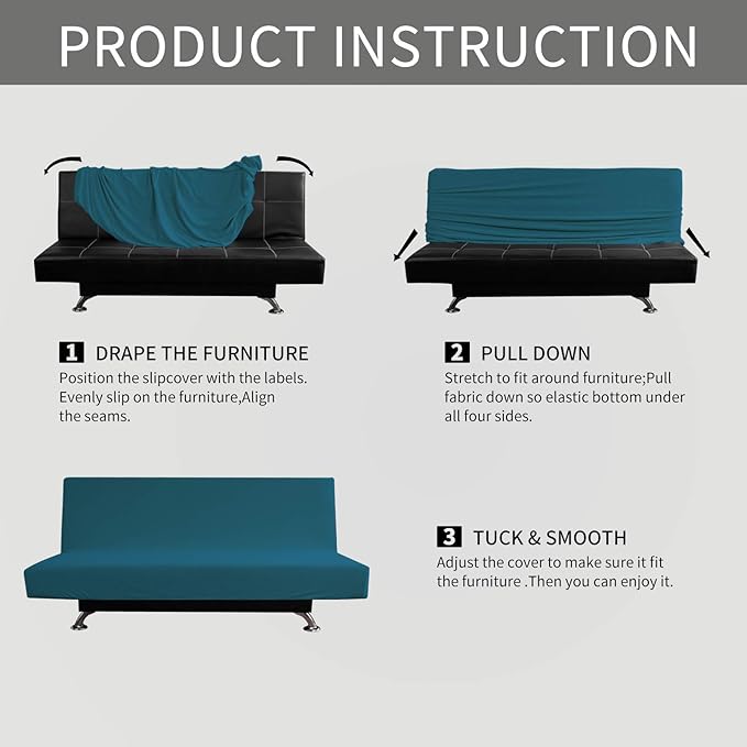 Easy-Going Stretch Futon Slipcover Armless Futon Bed Cover Furniture Protector Without Armrests with Elastic Bottom for Kids, Soft Jacquard Fabric Small Checks (Medium, Peacock Blue)