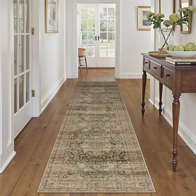 2x8 Washable Runner Rug Green Brown Vintage Non Slip Soft Low Pile Hallway Kitchen Rug Distressed Oriental Carpet for Laundry Bathroom Bedroom Living Room Home Decor