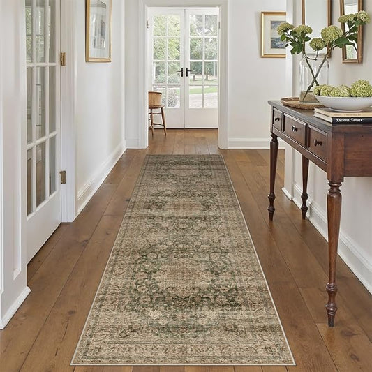 2x8 Washable Runner Rug Green Brown Vintage Non Slip Soft Low Pile Hallway Kitchen Rug Distressed Oriental Carpet for Laundry Bathroom Bedroom Living Room Home Decor