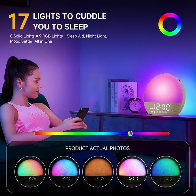 Geuuap Sunrise Alarm Clock White Noise Machine with Bluetooth Speaker,Khaki | 30 Soothing Sounds, 17 Dimmable lights, Simulated Sunrise, Backup Battery Memory, Auto-off Sleep Timer, Screen-Free Design - Image 7