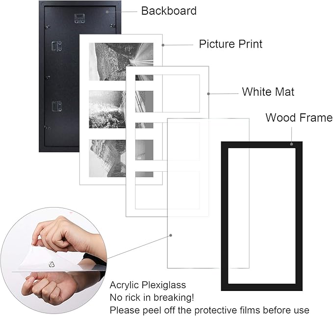 Egofine 8x16 Collage Picture Frame Set of 2, Display Multiple Three 5x7 Pictures or 8x16 without Mat - Made of Solid Wood with Plexiglass - Horizontal and Vertical Formats for Wall, Black