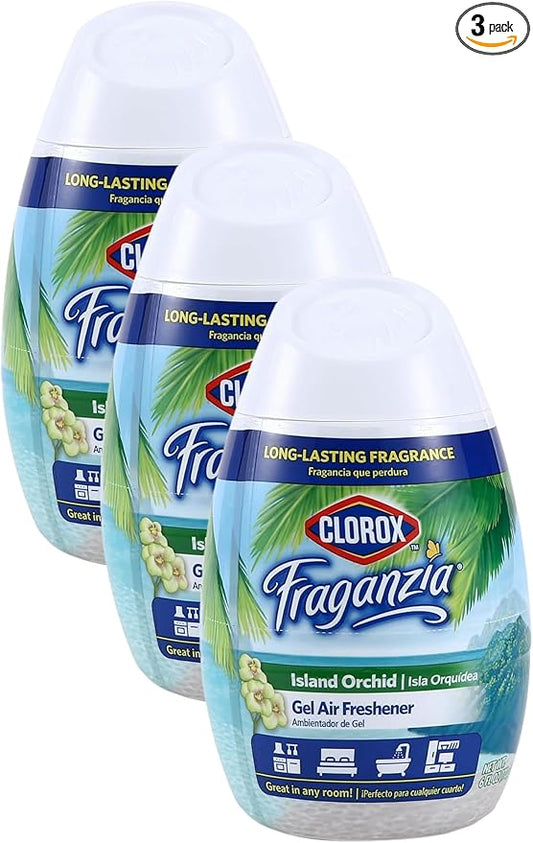 Clorox Fraganzia Gel Air Freshener Cone in Island Orchid Scent, 6oz | No-Plug, Battery-Free Air Freshener for Small Rooms, Closets, Kitchens, Bathrooms, Offices and More (Pack of 3)