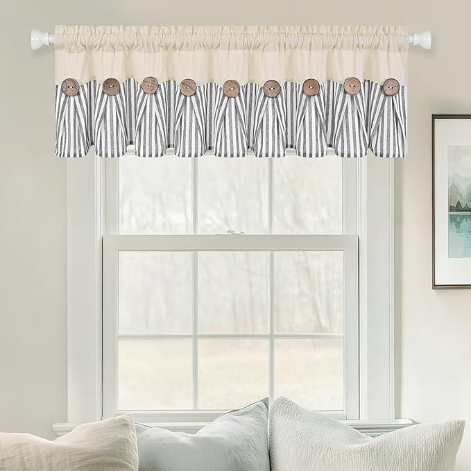 ASPMIZ Cotton Linen Kitchen Curtains Valance, Boho Rustic Button Valances for Windows Farmhouse Style, Grey Stripe Window Valances for Bathroom Cafe, Tie Up Valance for Kitchen Windows, 60 x 14 Inch