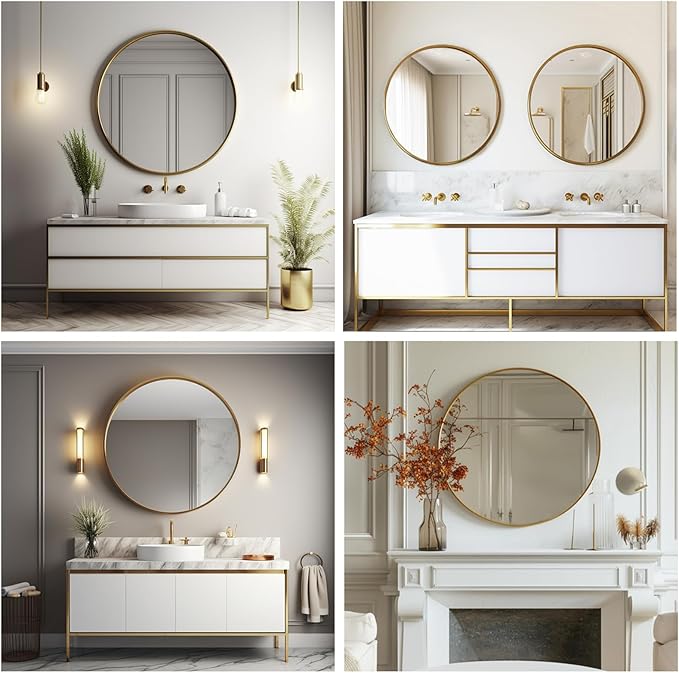 Sunniry Gold Round Mirror, Circle Mirror 26 inch, Gold Circle Mirrors Metal Frame, Round Mirrors for Wall, Living Room, Bathroom, Entryway, Rustic.
