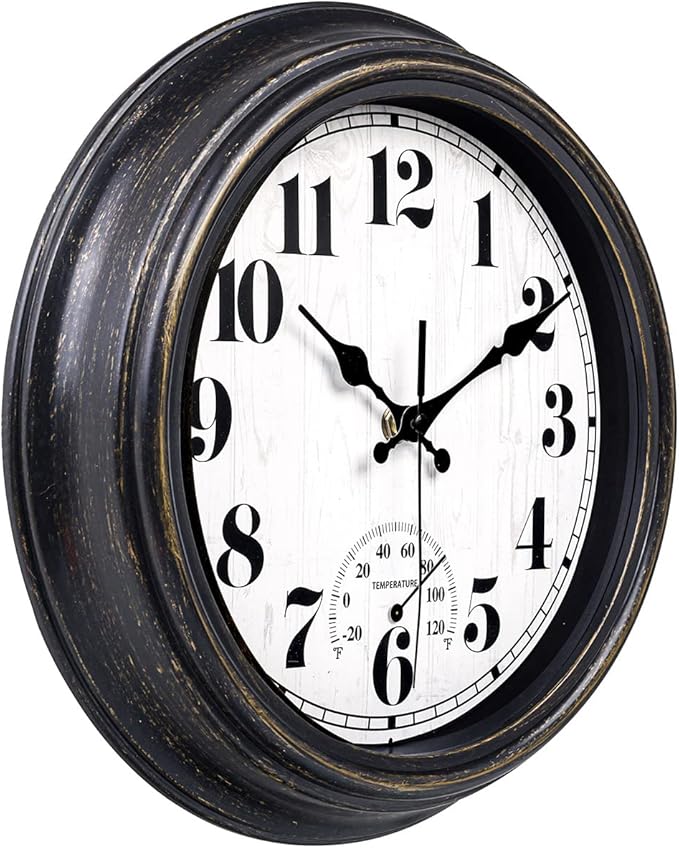 45MinST 12 Inch Indoor/Outdoor Retro Round Waterproof Wall Clock with Thermometer, Silent Non Ticking Battery Operated Quality Quartz Wall Clock Home/Patio Decor(Black Gold)