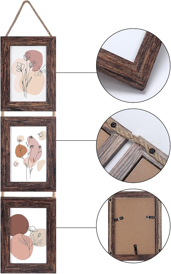 Lavezee Wall Hanging 4x6 Picture Frames Set of 2, Vertical Collage Distressed Brown Triple Frame Made to Display 4 by 6 inch Photo for Wall Decor