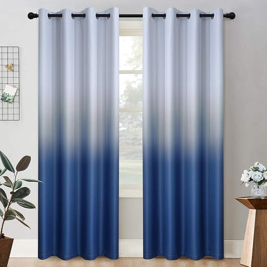COSVIYA Grommet Ombre Room Darkening Curtains 84 inch Length 2 Panels, Gradient Drapes Blue and Grayish White Light Blocking Insulated Thermal Window Curtains for Bedroom/Living Room,52x84 inches