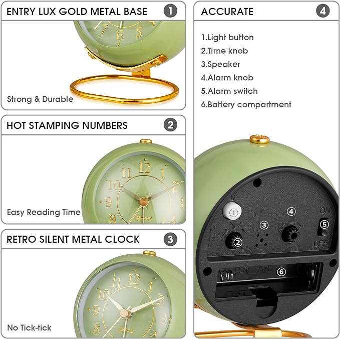 Metal Desk Clock, Retro Bedroom Table Vintage Analog Alarm Clock, Silent Non-Ticking Gold Clock, Bedside D??cor(Olive-Green)
