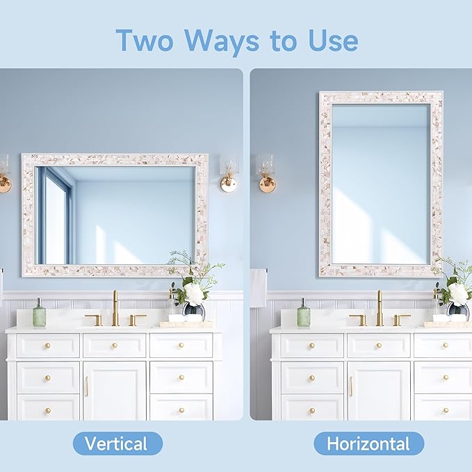 Tanmicoshomy White 24 x 36 Inch Rectangle Bathroom Mirrors for Wall, Natural Shell Inlay Mosaic Mirrors with Tempered Glass for Bedroom, Living Room or Entryway, Horizontal or Vertical Hanging
