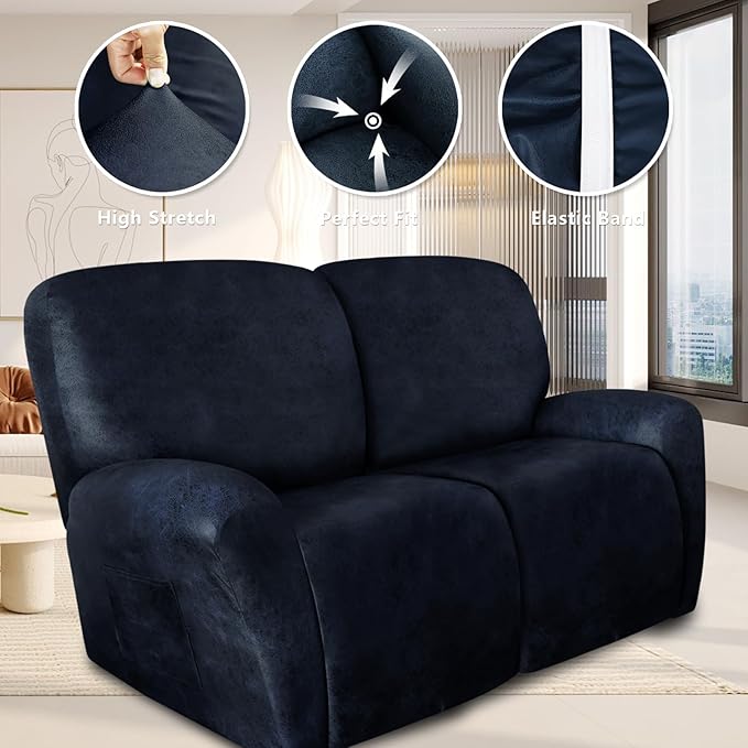 ANARACHON Loveseat Recliner Cover Leather Look Recliner Loveseat Covers Recliner Sofa Cover for 2 Seater Reclining Couch Spandex Fabric Washable 6 Pieces (2 Seater, 02 Navy)