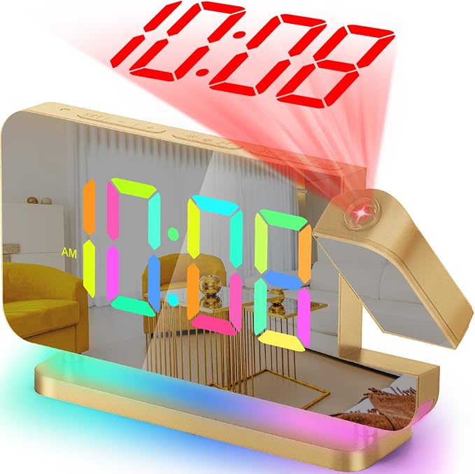 SZELAM Projection Alarm Clock, 7.4 in Digital Mirror Clocks,with 180° Rotatable Projector, RGB Night Light,USB C Charger Port, Auto Dimmer, LED Desk Clock for Bedroom by SZELAM