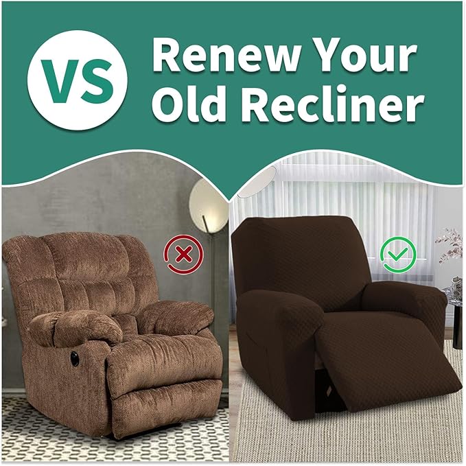 YEMYHOM 4 Pieces Stretch Recliner Slipcover Latest Jacquard Recliner Chair Cover with Side Pocket Anti-Slip Fitted Recliner Cover Couch Furniture Protector with Elastic Bottom (Recliner, Dark Coffee)