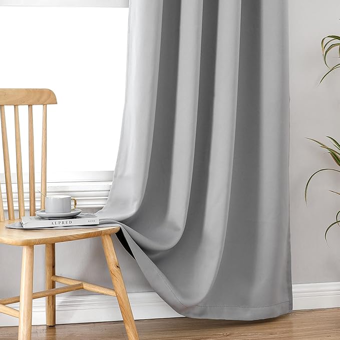 ChrisDowa 100% Blackout Curtains 63 inch Long for Bedroom with Black Liner, 2 Thick Layers Total Blackout Thermal Insulated Grommet Window Curtains 2 Panels Set (Light Grey, 38 x 63 Inch)