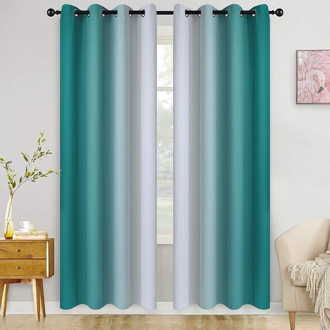 COSVIYA Grommet Ombre Room Darkening Curtains 84 inch Length 2 Panels, Teal and Grayish White Gradient Drapes Light Blocking Insulated Thermal Window Curtains for Bedroom/Living Room,52x84 inches