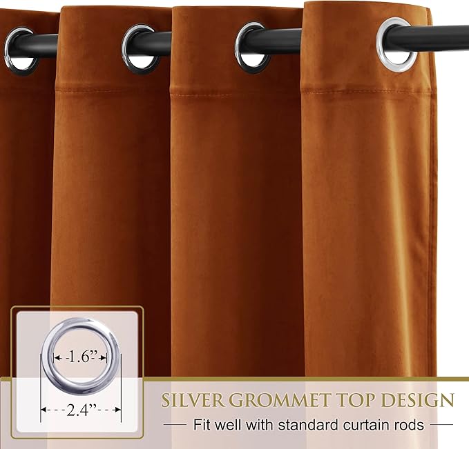 StangH Burnt Orange Velvet Curtains - 96 inches Long Light Blocking Thermal Insulated Sliding Door Drapes for Living Room, Holiday Backdrop Curtains, W52 x L96, 2 Panels