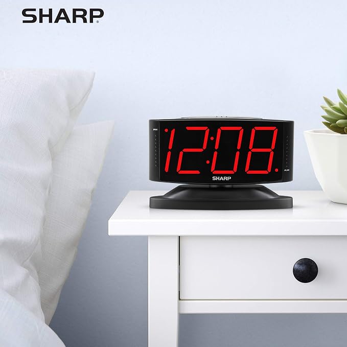 Sharp Outlet-Powered Alarm Clock with Swivel Base, Red LED and Dimmer | Outlet powered; Swivel base; Large red LED digits; Adjustable brightness; Snooze; Simple controls; Midnight Black - Image 6