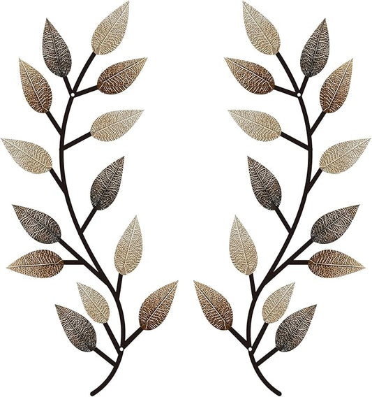 Zhengmy 2 Pieces Metal Tree Leaf Wall Decor Vine Olive Branch Leaf Wall Art Living Room, Hallway Wall Decor Outdoor Decoration(Vintage Brown)