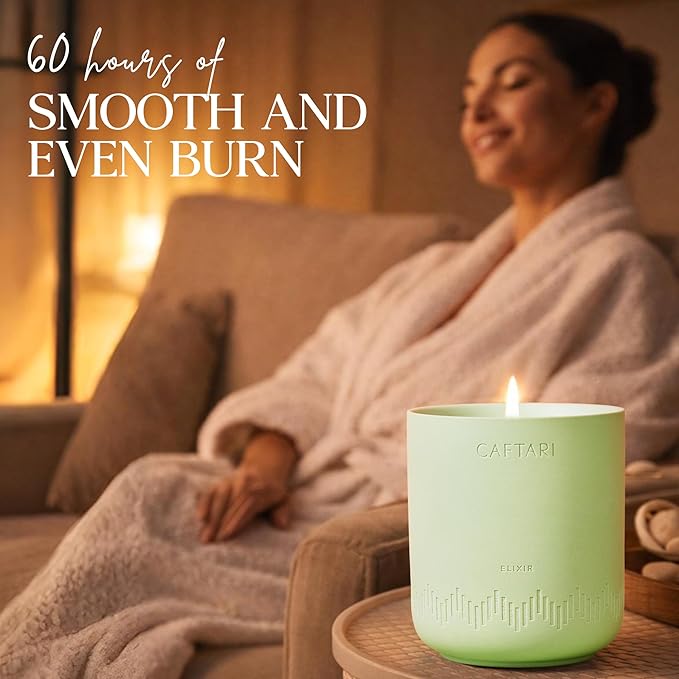 CAFTARI Luxury Aromatherapy Candle | Bergamot, Mandarin & Tea Accord Scented | 60 Hour Burn | Clean Coconut Soy Wax | Vegan, Gift-Ready Candle for Uplifted Mood, Energy & Home Spa Feel | Elixir