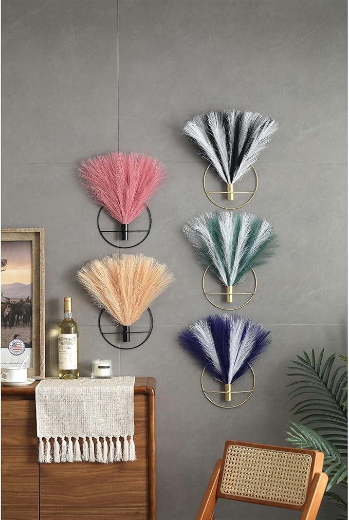 Pretty Jolly Boho Wall Decor - Hanging Artificial Pampas Display for Living Room, Bedroom, Bathroom, Dining Room - Wall-Mounted Metal Art, Plant Decor 2 Pack, Black, White, Gold