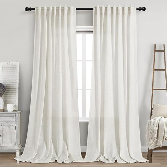 Beige White Linen Curtains 100 Inch Long for Bedroom Back Tab Filters Light Ensures Privacy Transparent Beige White Curtains Modern Farmhouse Coastal Decor Living Room Cotton Textured
