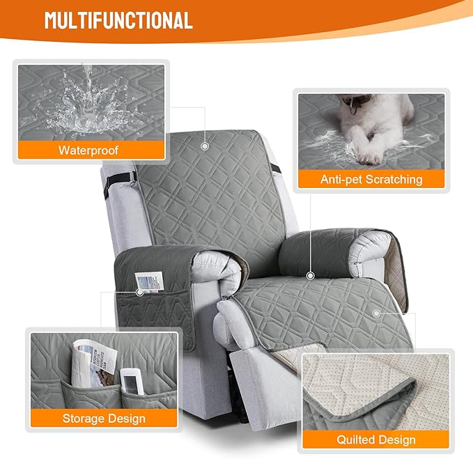 VANSOFY 100% Waterproof Recliner Chair Covers, Recliner Cover Non-Slip Dog Chair Cover Furniture Protector Washable Slipcover with Pocket, Elastic Straps for Pets, Dogs(Gray, 22")