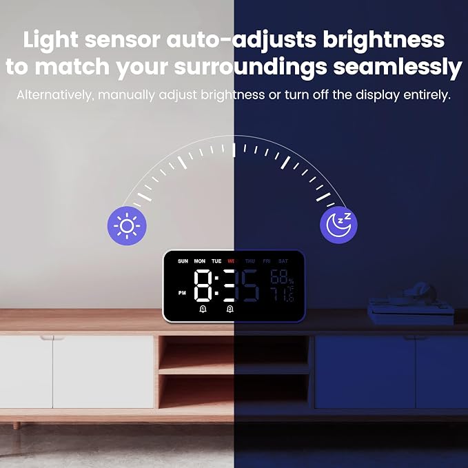 Dekala Bed Shaker Loud Alarm Clock for Heavy Sleepers Adults, Vibrating Dual Alarm Clocks for Bedrooms, Large Display Auto Dimmer,Temperature & Humidity Detect, 7-Day Programmable, Ideal Gift - Image 6