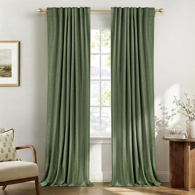 100% Blackout Shield Olive Green Linen Blackout Curtains for Bedroom 90 Inches Long, Back Tab/Rod Pocket Living Room Drapes, Thermal Insulated Blackout Curtains 2 Panels Set, 50" W x 90" L