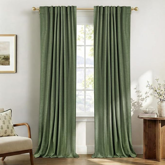 100% Blackout Shield Olive Green Linen Blackout Curtains for Bedroom 90 Inches Long, Back Tab/Rod Pocket Living Room Drapes, Thermal Insulated Blackout Curtains 2 Panels Set, 50" W x 90" L